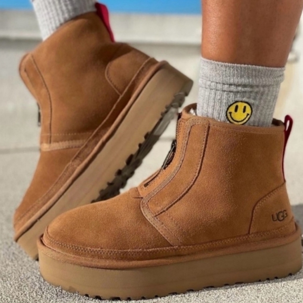UGG Women Neumel Zip Platform Ankle Booties Chestnut Suede Plush Size 12
